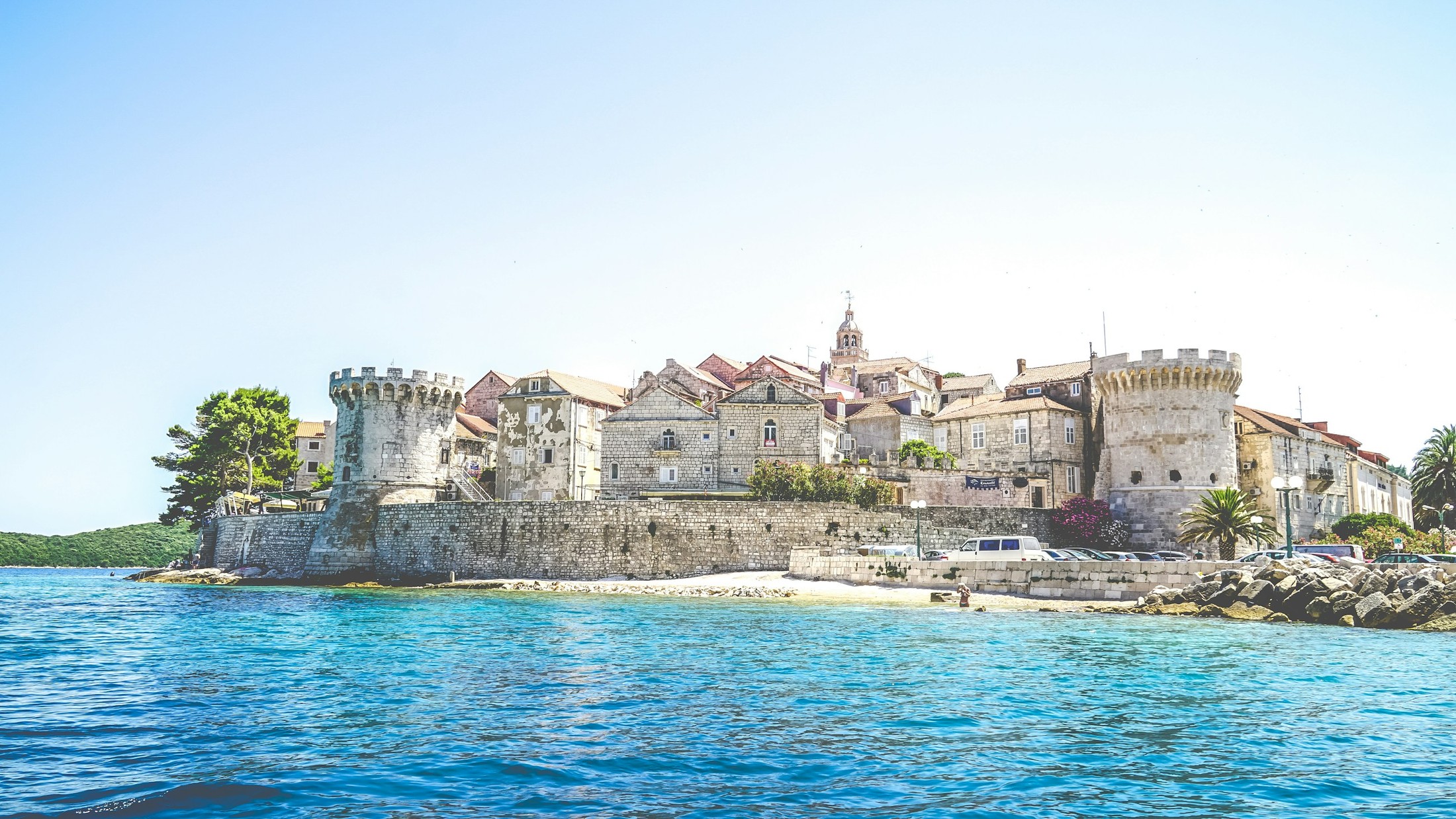 View at old city of Korcula and fortress in Croatia, | Korčula in Croatia
