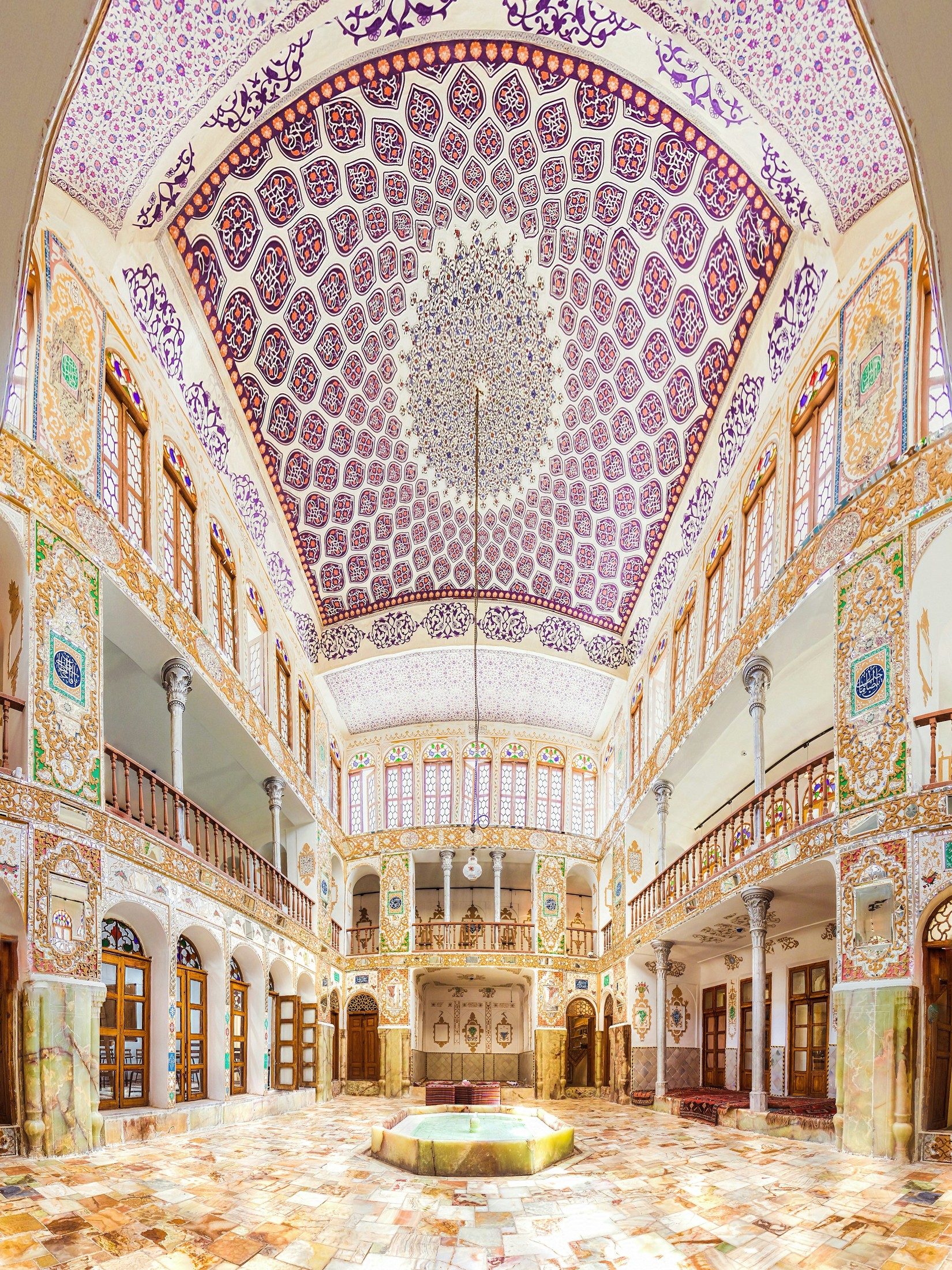 The historical house of Qajar minister Moshir-ol-Molk Ansari in Isfahan is a masterpiece in the history of Persian architecture.
The mansion stands out when compared with its counterparts, thanks to its unique and royal architectural designs and avant-garde structure.

The house, which has the largest and most historical sash window in Iran, was officially registered as a national heritage site in 2009.


The beautiful ancient house is located near Naqsh-e Jahan Square and on Yakhchal Street in the center of Isfahan.

I have combined 9 shots for getting this super-wide angle view. | Isfahan in Iran